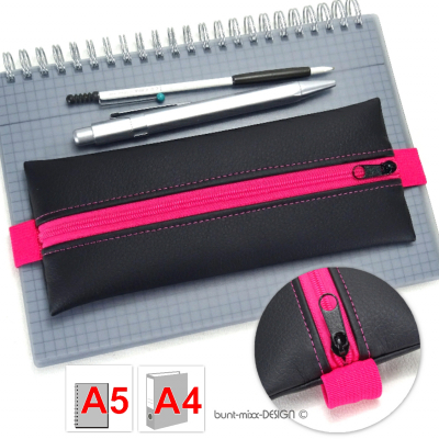 Mäppchen mit Gummiband, Federmäppchen schwarz pink fuchsia, Kunstleder, A4 A5 Büroordner, BuntMixxDesign